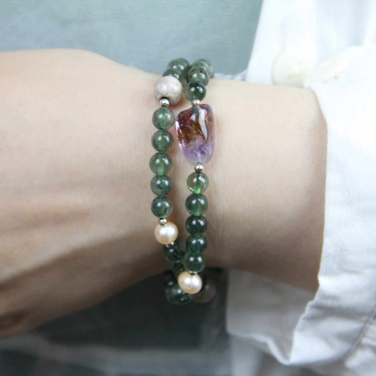 YAN Green Bead Bracelet Quartz & Chalcedony Long Bracelet Style