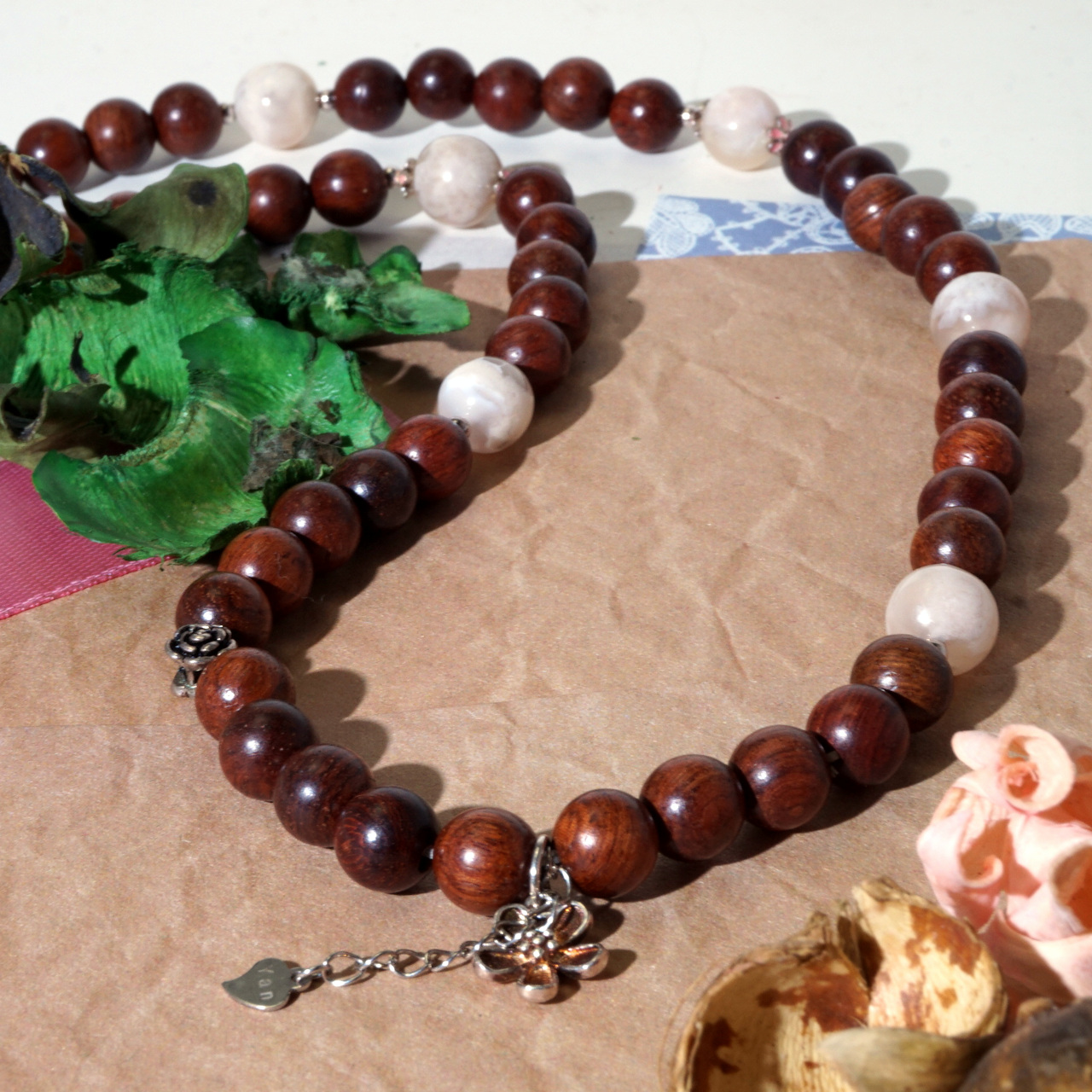 YAN Wood Bead Bracelet Rosewood & Agate Long Bracelet Style