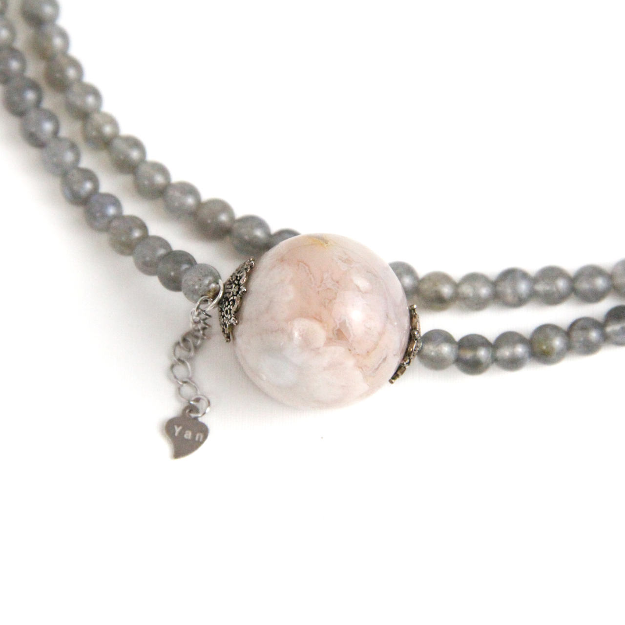 YAN Silver Bead Necklace Moonstone & Agate Long Necklace Style