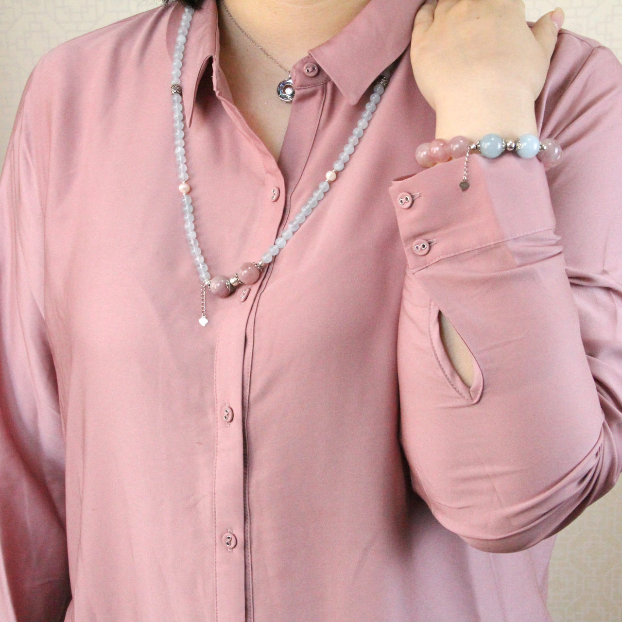 YAN Blue Pink Necklace Aquamarine Quartz Bead Long Necklace Style