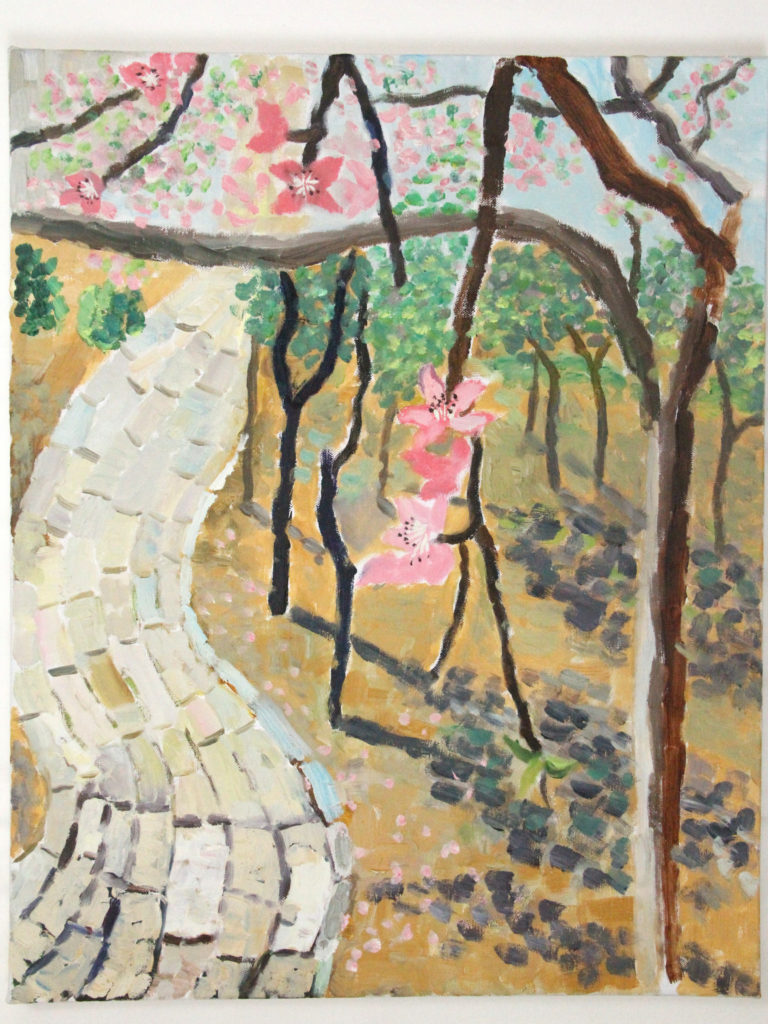 YAN Art oil painting stone path through pink flowered wood ws
